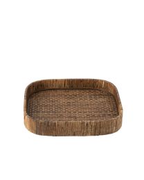 Plateau Carre Rond Coins Rotin Marron
